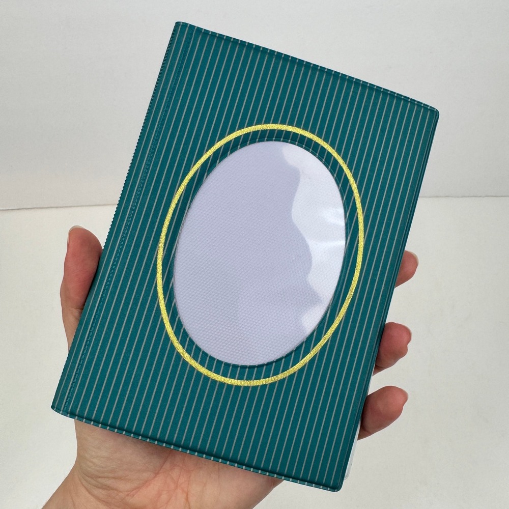 Vtg Photo Picture Album Teal Silver Pinstripes w Gold Accent Oval Open on Cover
